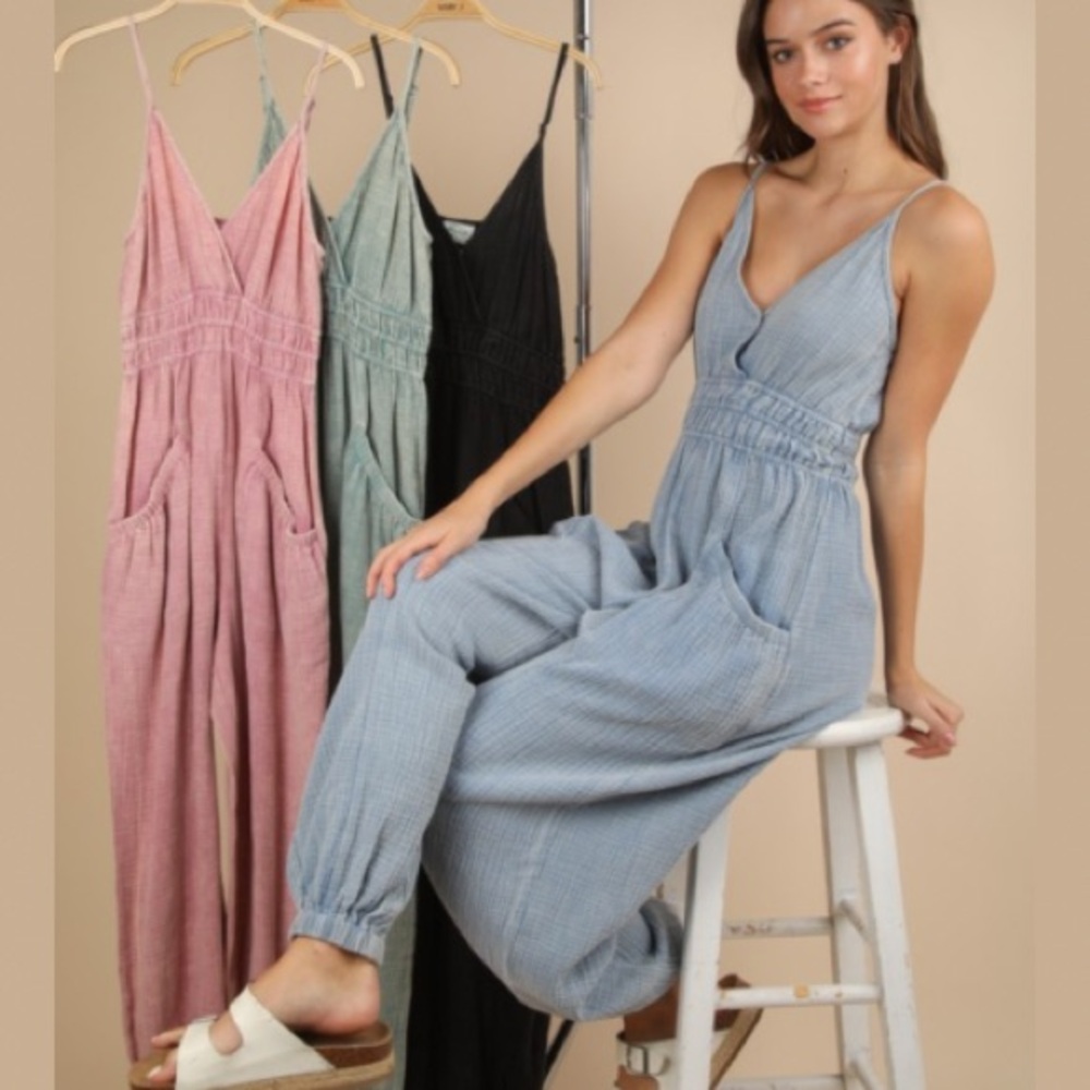 Mineral Washed Summer Boho Chic Cotton Gauze Sleeveless Jumpsuit